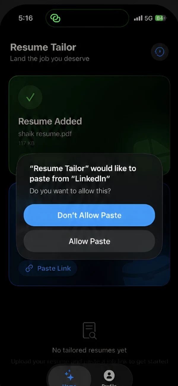 Pasting a job link from LinkedIn