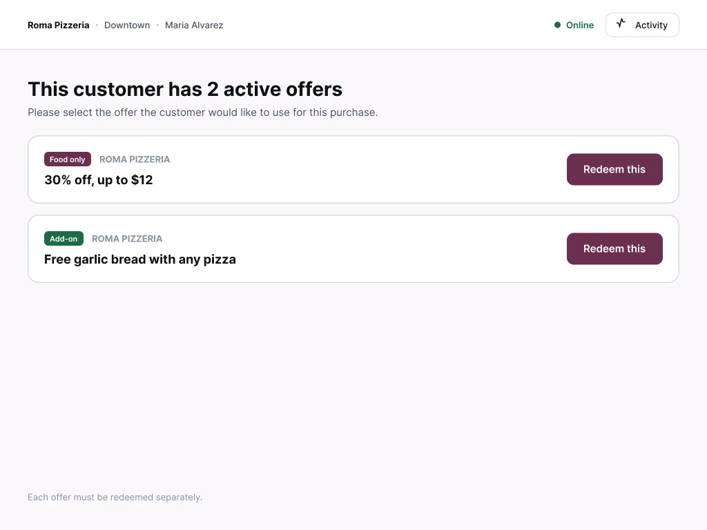 Pick which offer to redeem