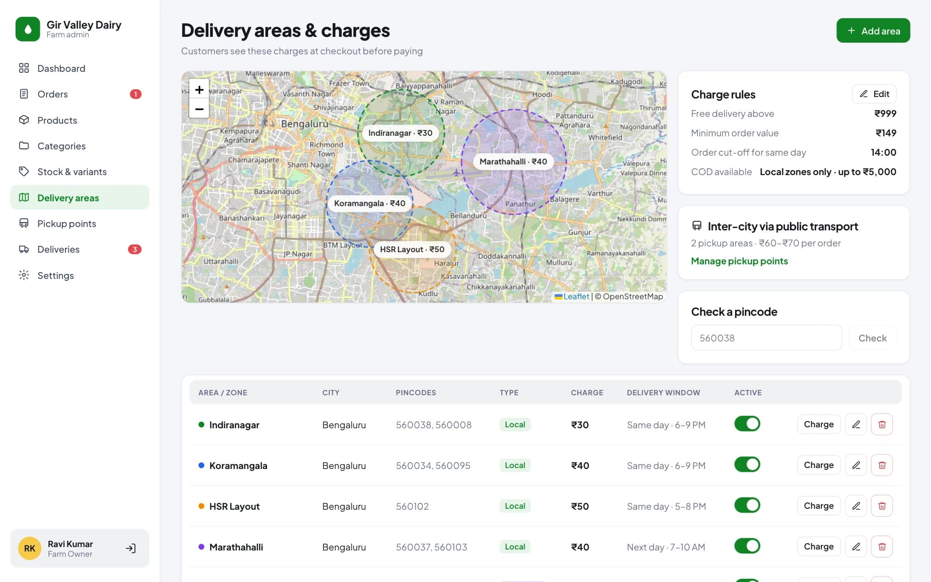 Delivery areas and charges